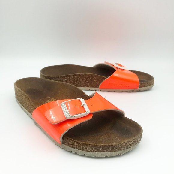 BIRKENSTOCK Madrid Birko-Flor Patent Neon Orange Slide Flip Flop Sandals EU 36 - Picture 1 of 9
